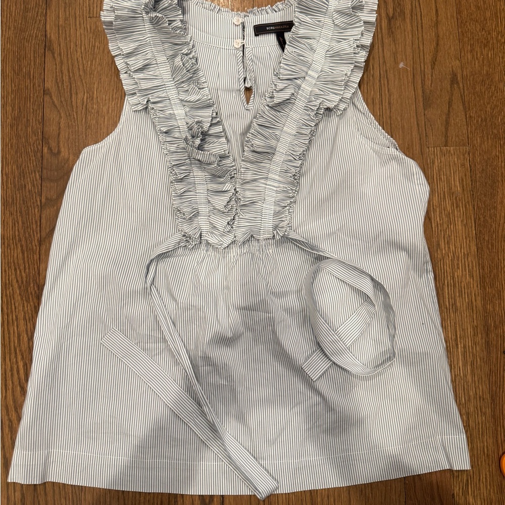 BCBG blue stripe ruffle blouse medium